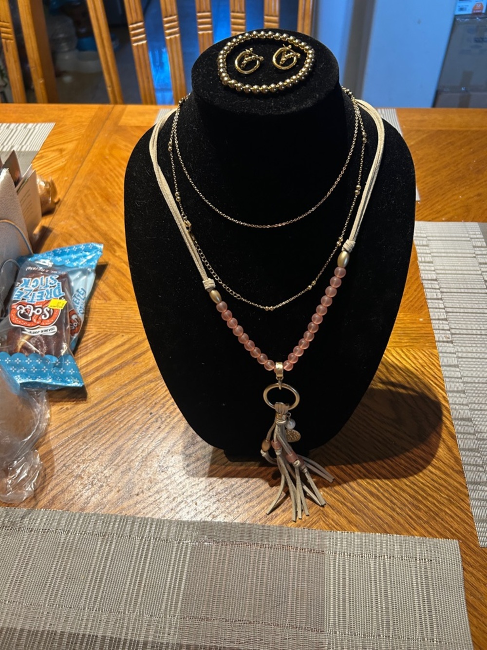 Plunder Gold-Tone Layered Necklace with Pink Beads and Tassel Pendant